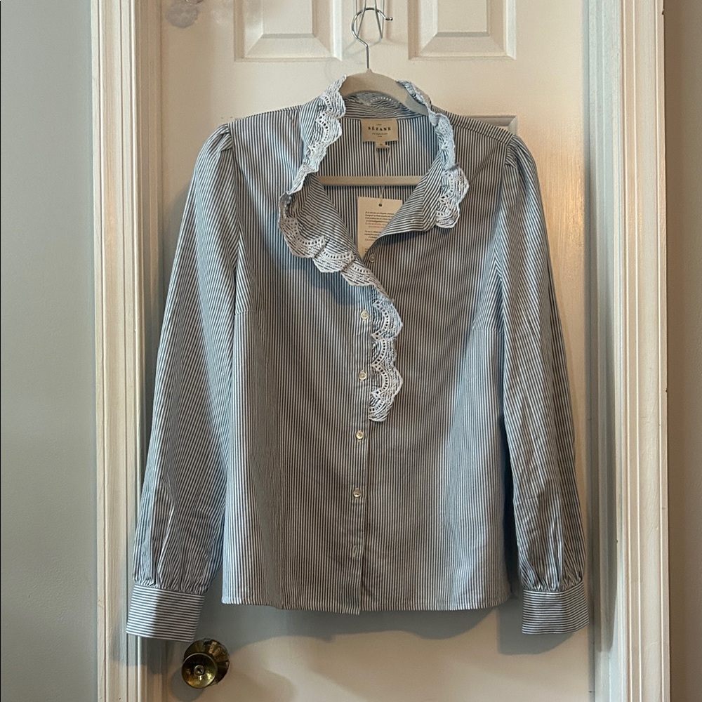 Sezane Blue and White Striped Button Down Shirt size 42